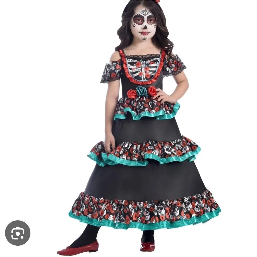 Sugar Skulls And Roses Day of the Dead Kids Costume - Black and Red Size 10-12